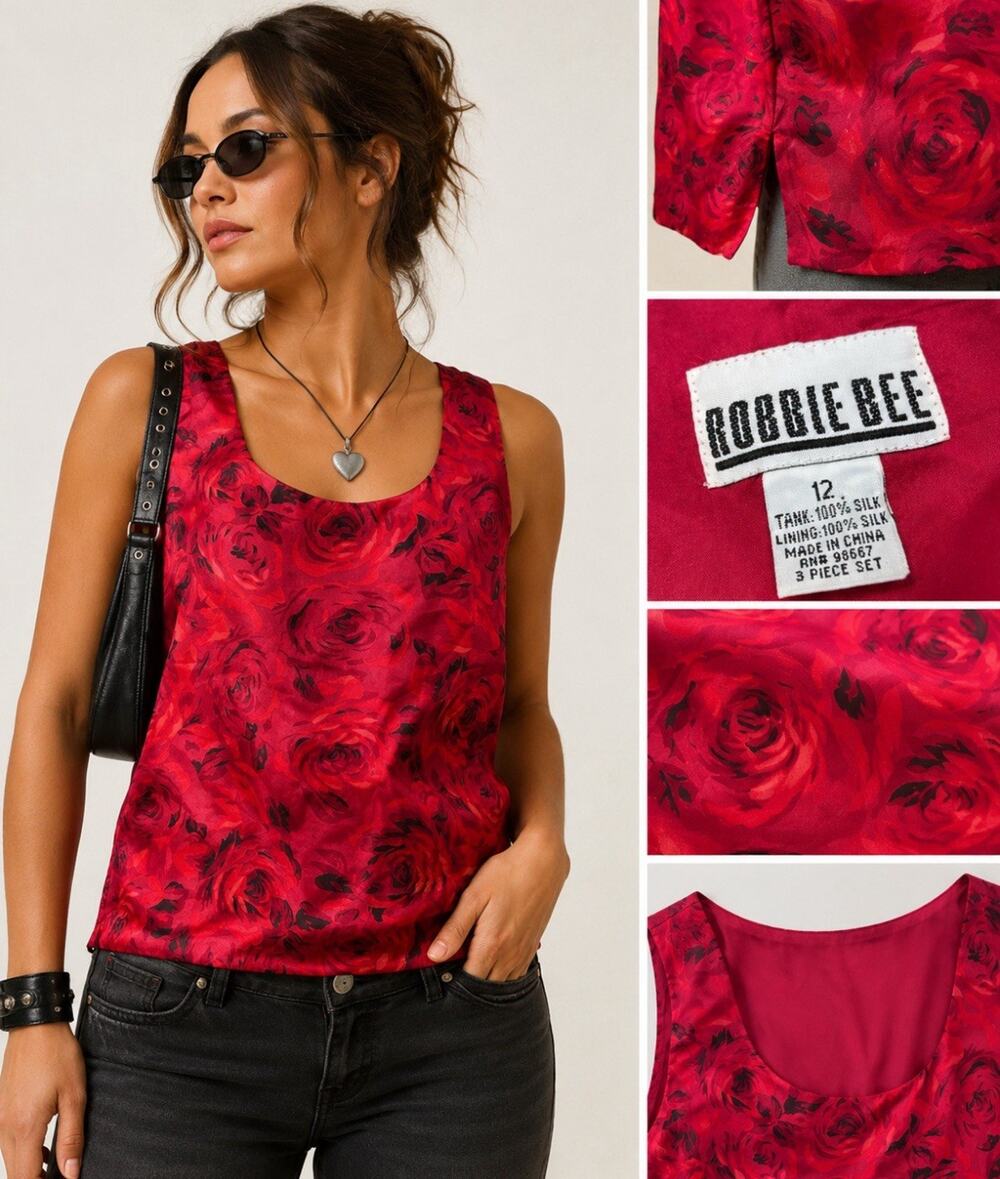 Robbie Bee Silk Rose Print Tank Top Size 12 Red Floral Romantic Vintage 2000s